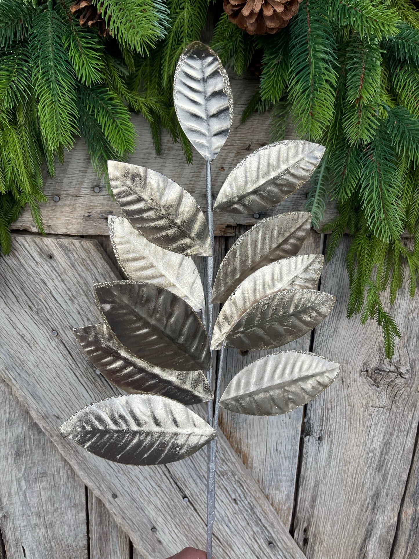 25" Champagne Metallic Leaf Spray, Christmas Leaves Spray, Christmas Floral Stem