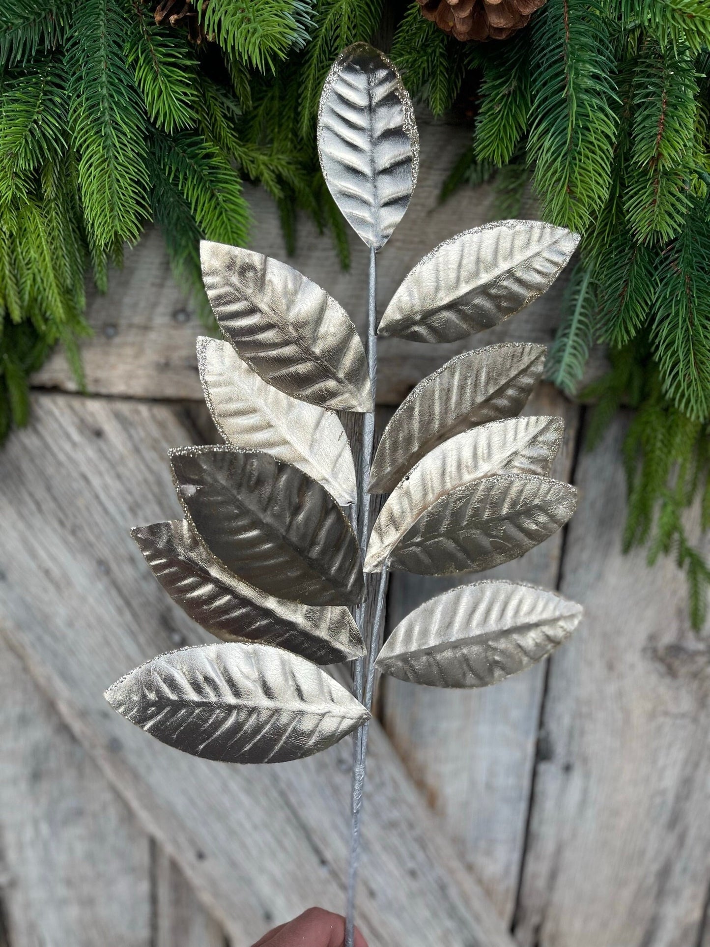 25" Champagne Metallic Leaf Spray, Christmas Leaves Spray, Christmas Floral Stem