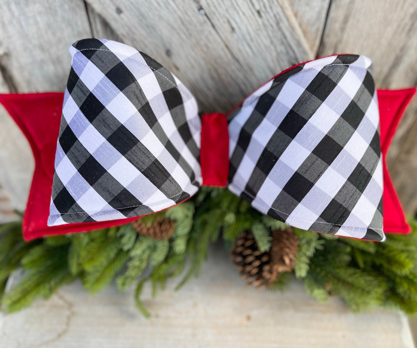 22" Oversized White & Black Checkered Velvet Bow, Farrisilk Bow,Tree Bow, Christmas Wreath Bow