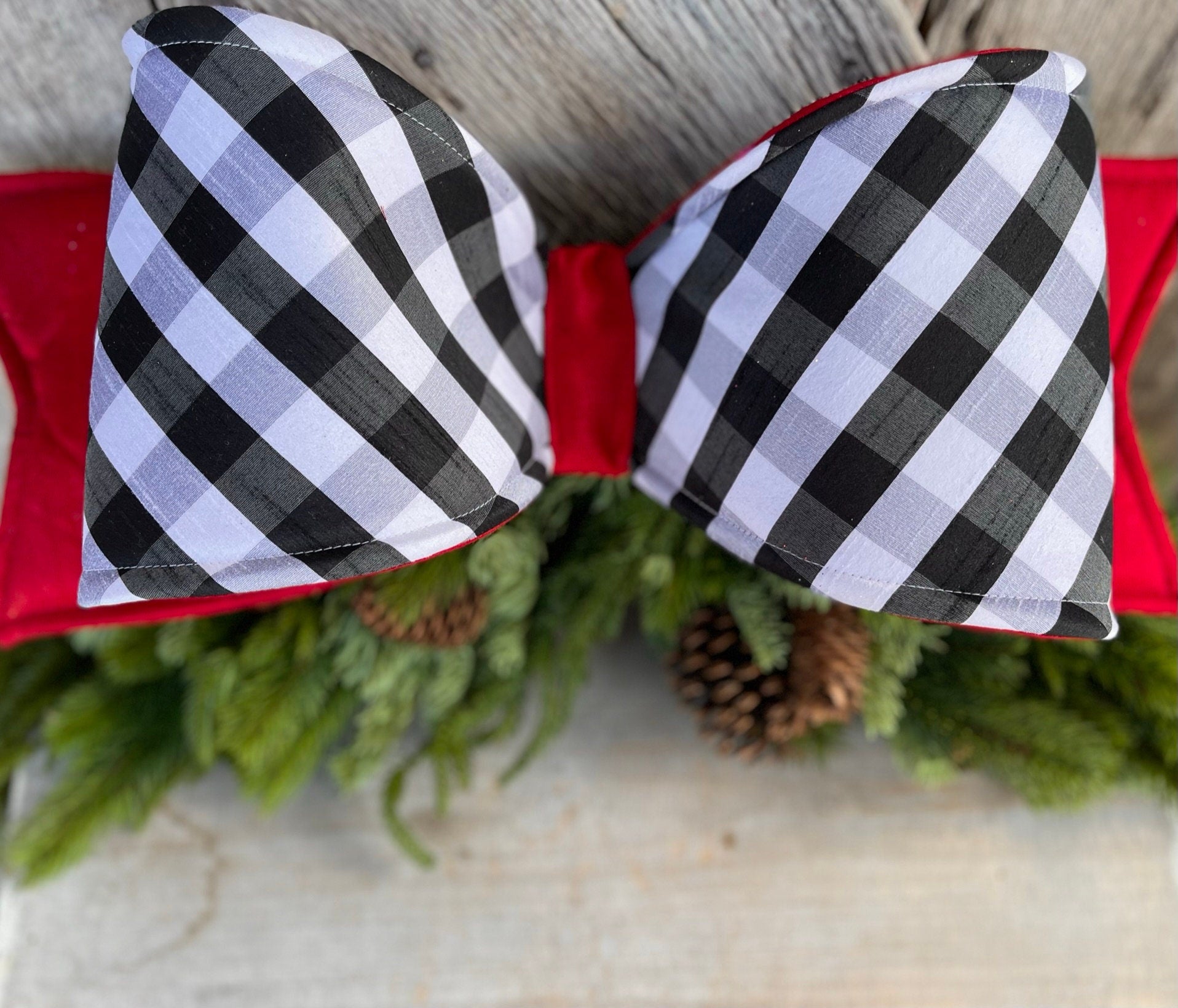 22" Oversized White & Black Checkered Velvet Bow, Farrisilk Bow,Tree Bow, Christmas Wreath Bow