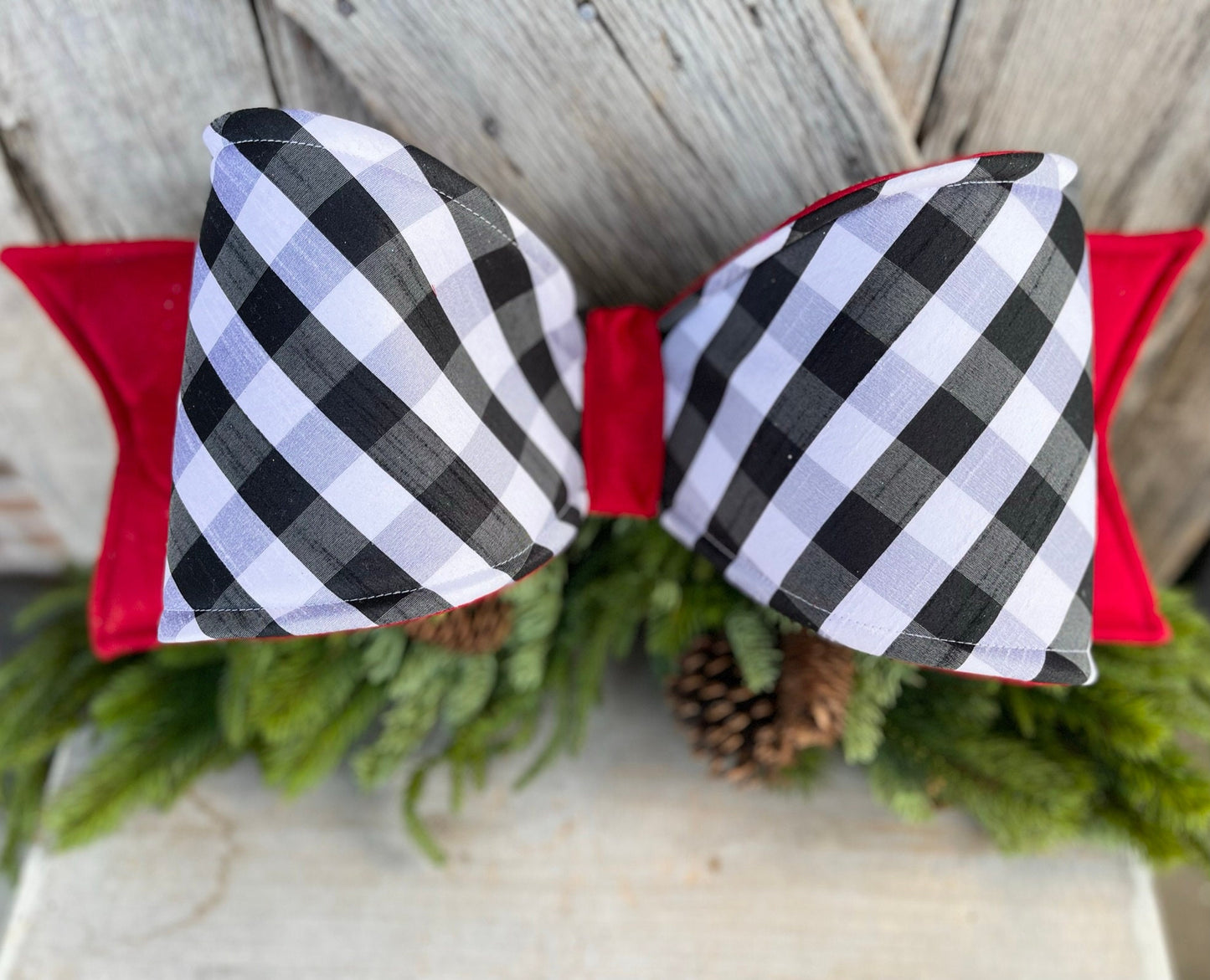 22" Oversized White & Black Checkered Velvet Bow, Farrisilk Bow,Tree Bow, Christmas Wreath Bow