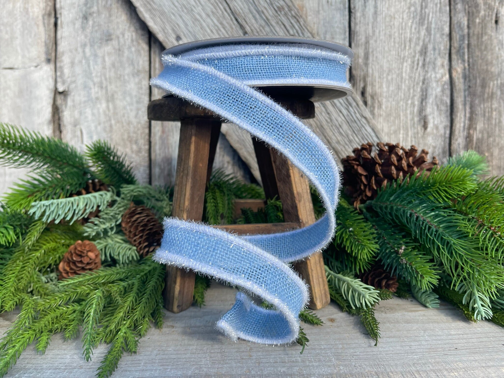 1" Blue Frosty Burlap, Farrisilk Ribbon, Christmas Ribbon