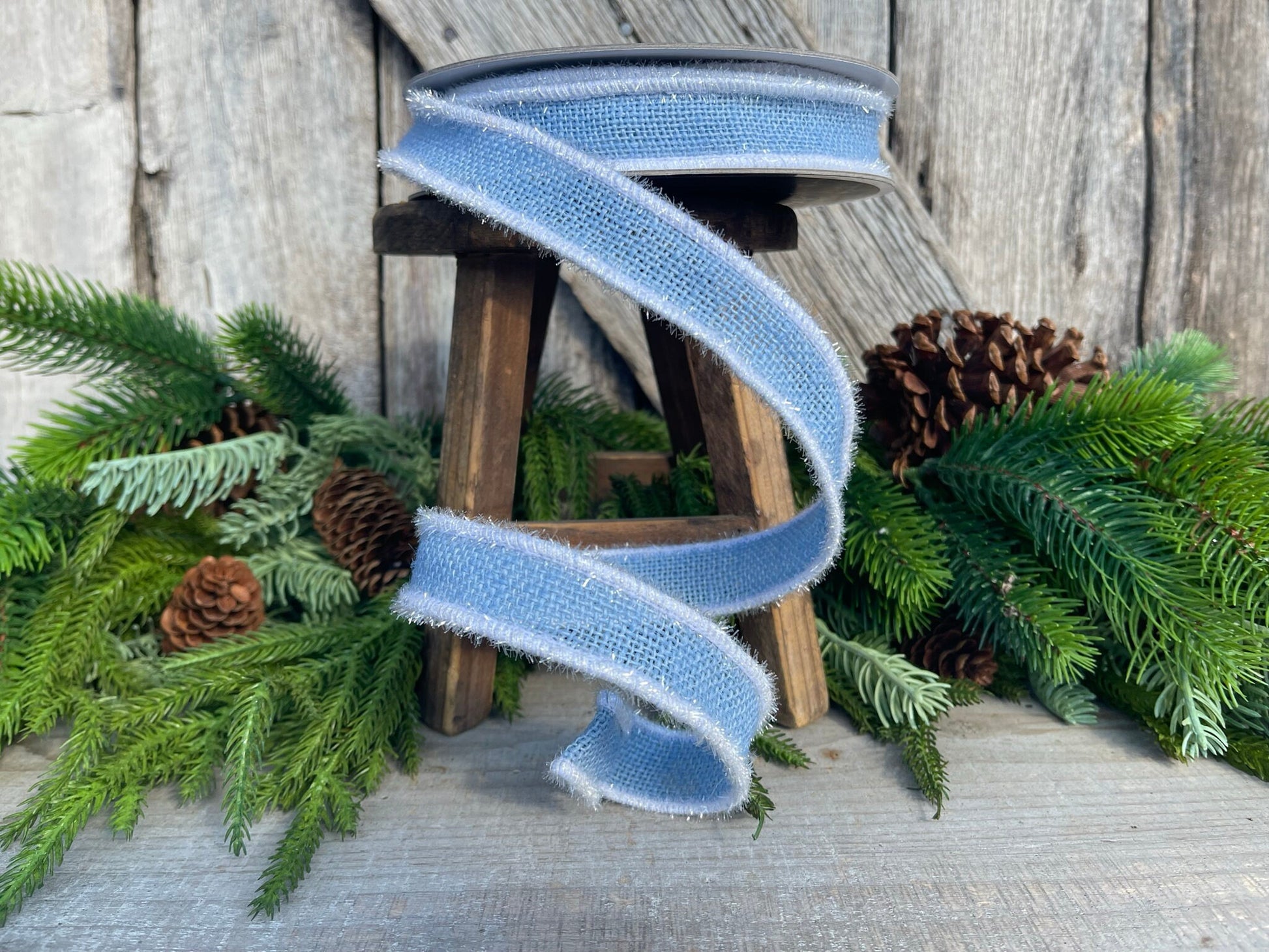 1" Blue Frosty Burlap, Farrisilk Ribbon, Christmas Ribbon