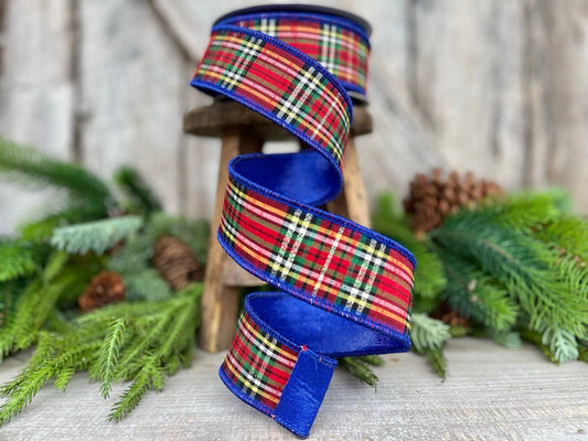 1.5" Blue Caroler Plaid RIbbon, Farrisilk Ribbon, Traditional Plaid RIbbon