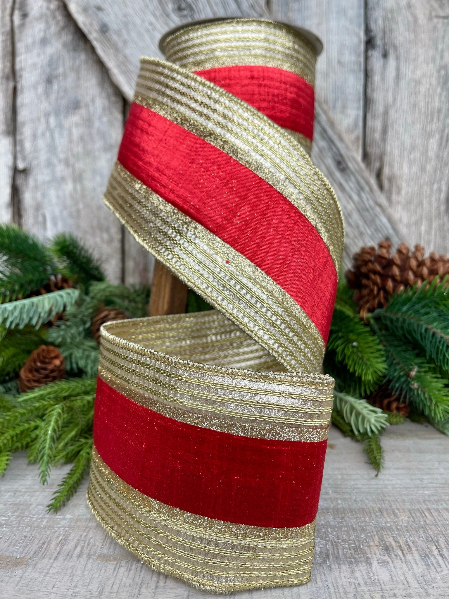 4" Red Gold Metallic Borders Ribbon, Farrisilk Ribbon