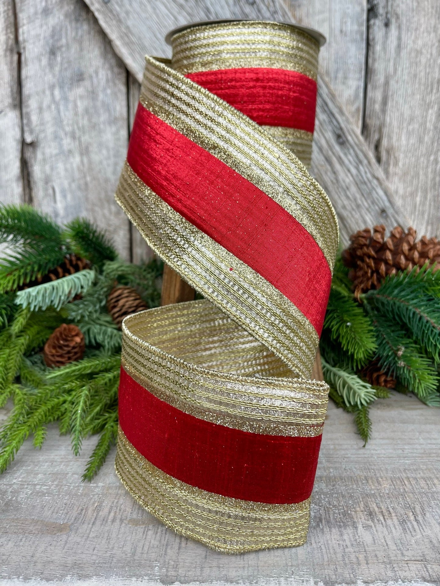 4" Red Gold Metallic Borders Ribbon, Farrisilk Ribbon, Christmas Ribbon