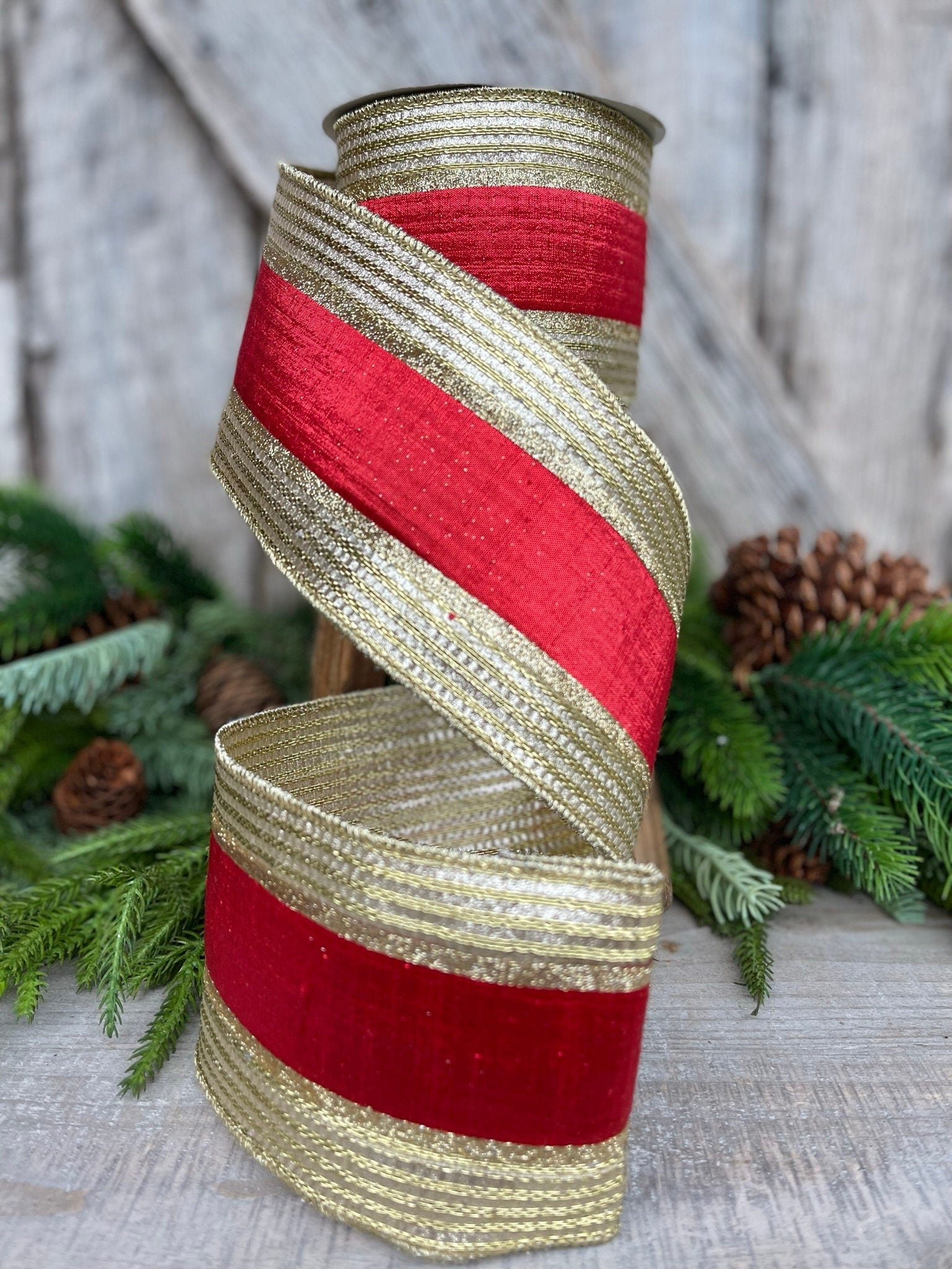 4" Red Gold Metallic Borders Ribbon, Farrisilk Ribbon, Christmas Ribbon