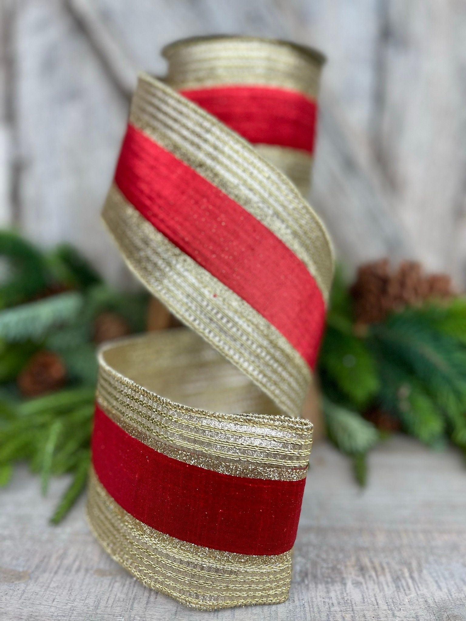 4" Red Gold Metallic Borders Ribbon, Farrisilk Ribbon, Christmas Ribbon