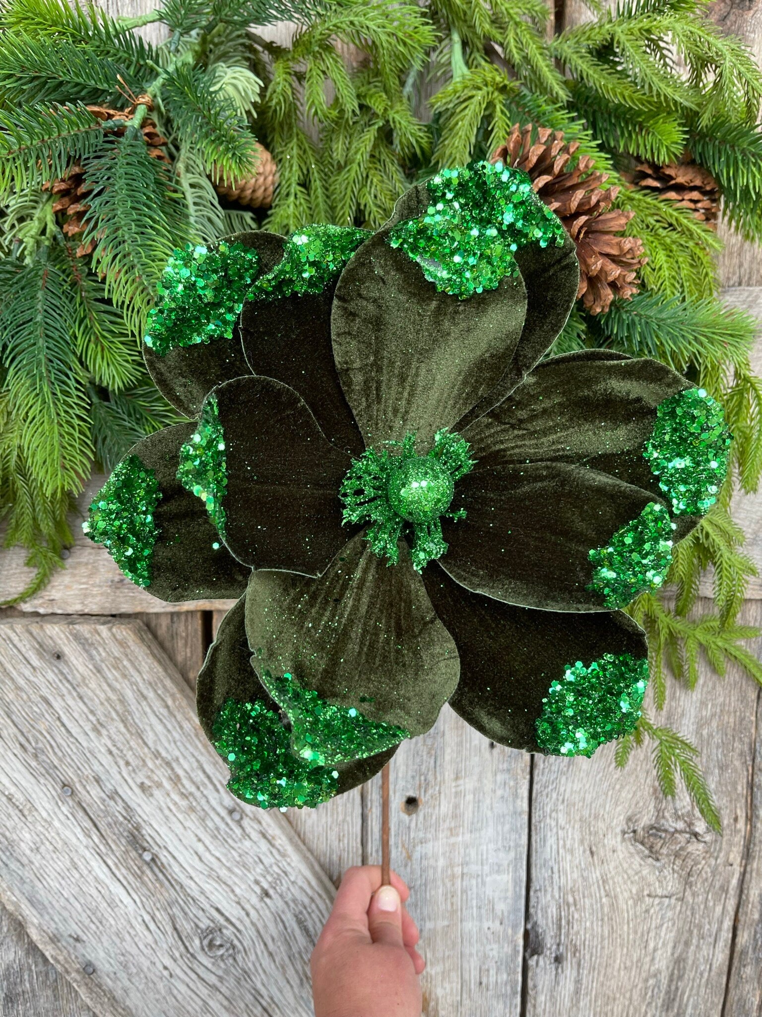 21" Emerald Green Velvet Magnolia, Christmas Magnolia, Faux Magnolia Stem