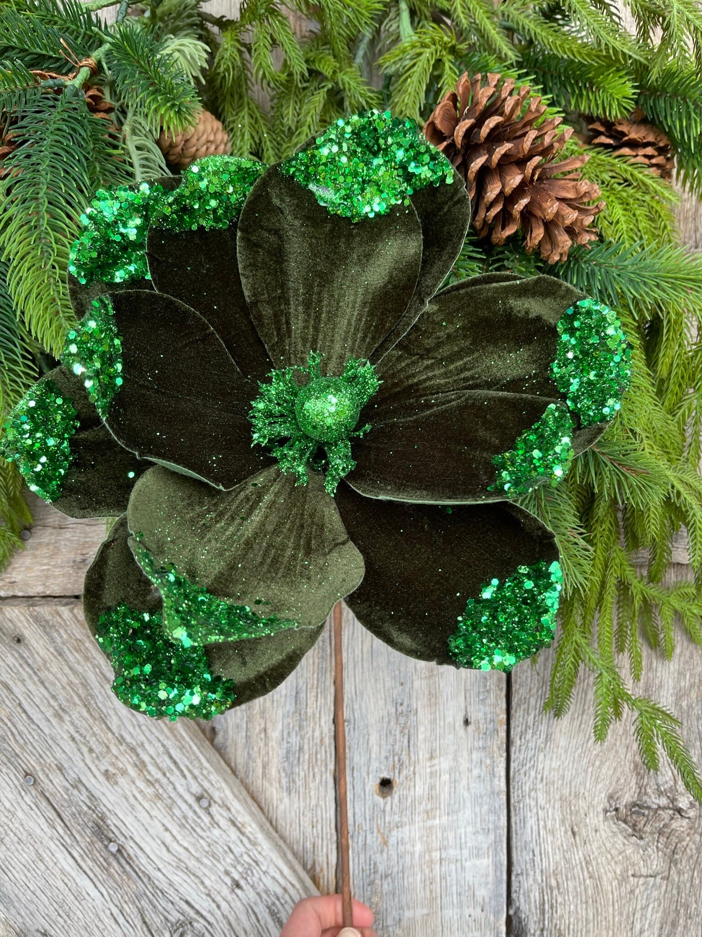 21" Emerald Green Velvet Magnolia, Christmas Magnolia, Faux Magnolia Stem