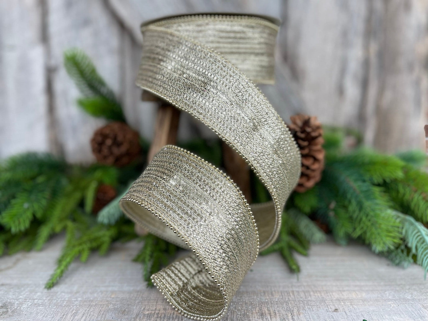 2.5" Platinum Gold Metallic Ribbon, Farrisilk Ribbon, Platinum Gold Metallic Jingle Ribbon