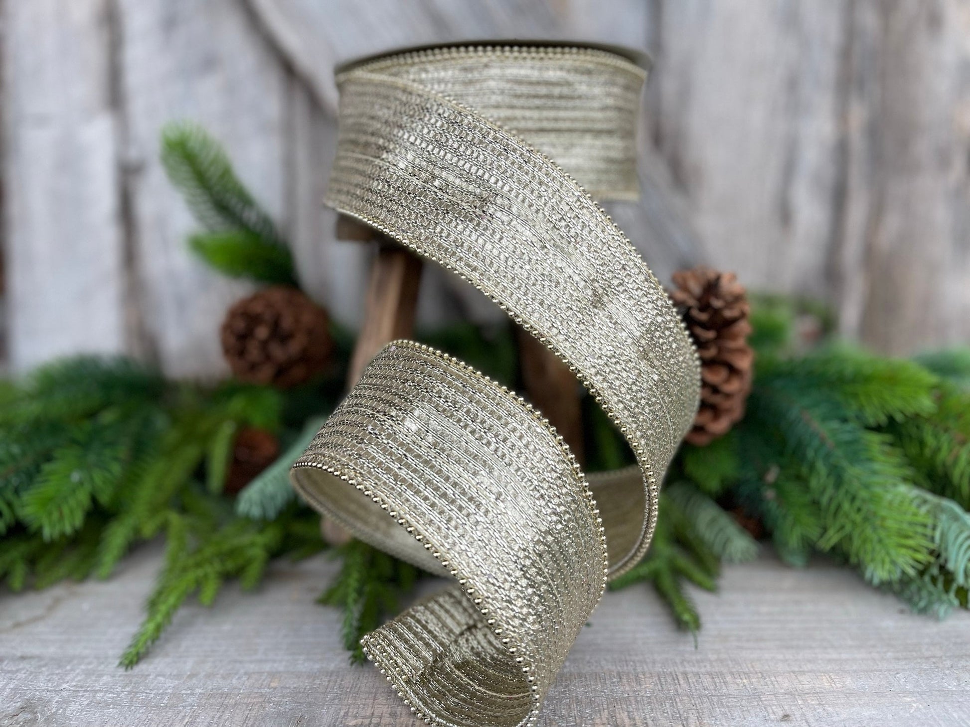 2.5" Platinum Gold Metallic Ribbon, Farrisilk Ribbon, Platinum Gold Metallic Jingle Ribbon