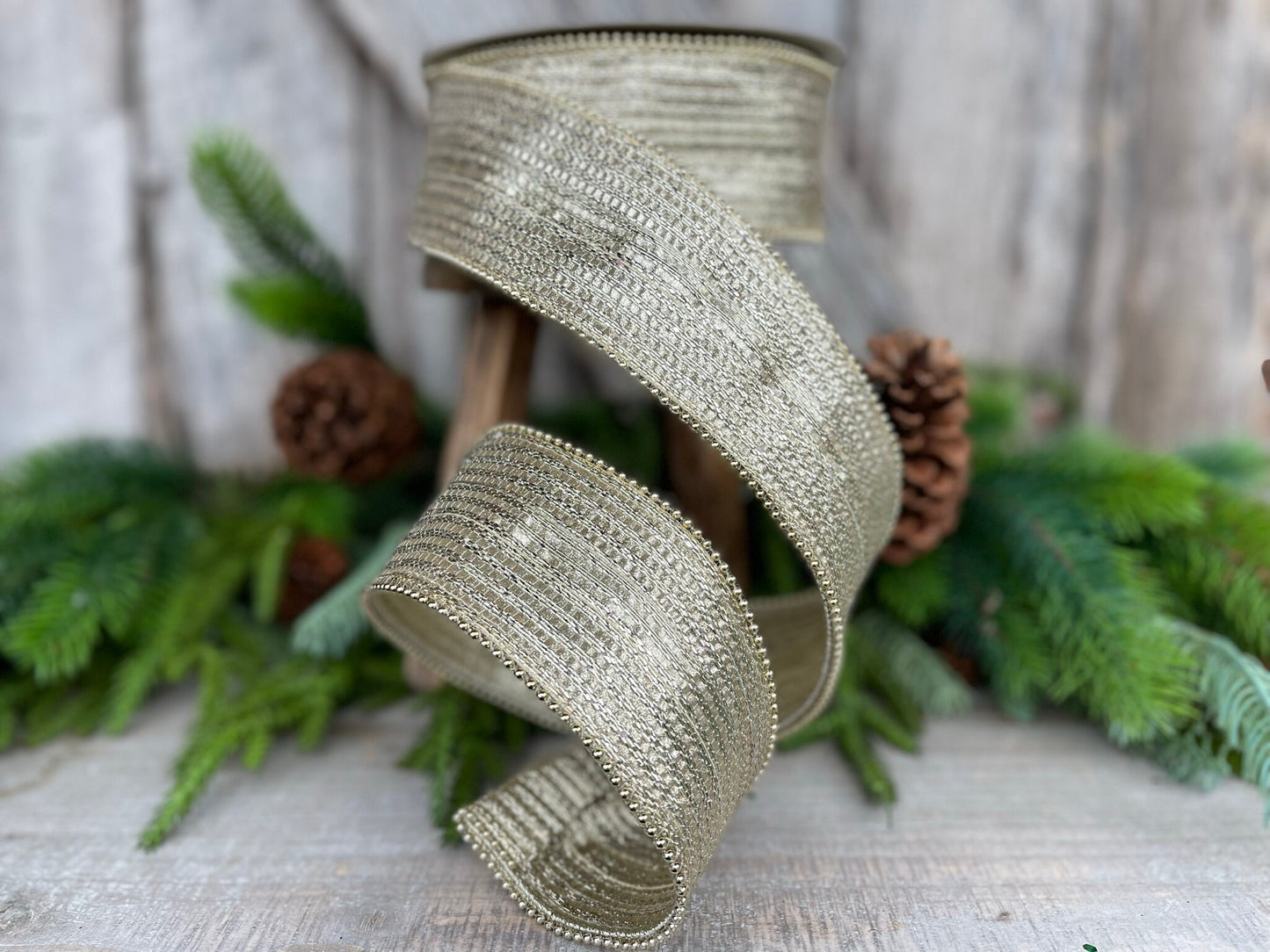 2.5" Platinum Gold Metallic Ribbon, Farrisilk Ribbon, Platinum Gold Metallic Jingle Ribbon