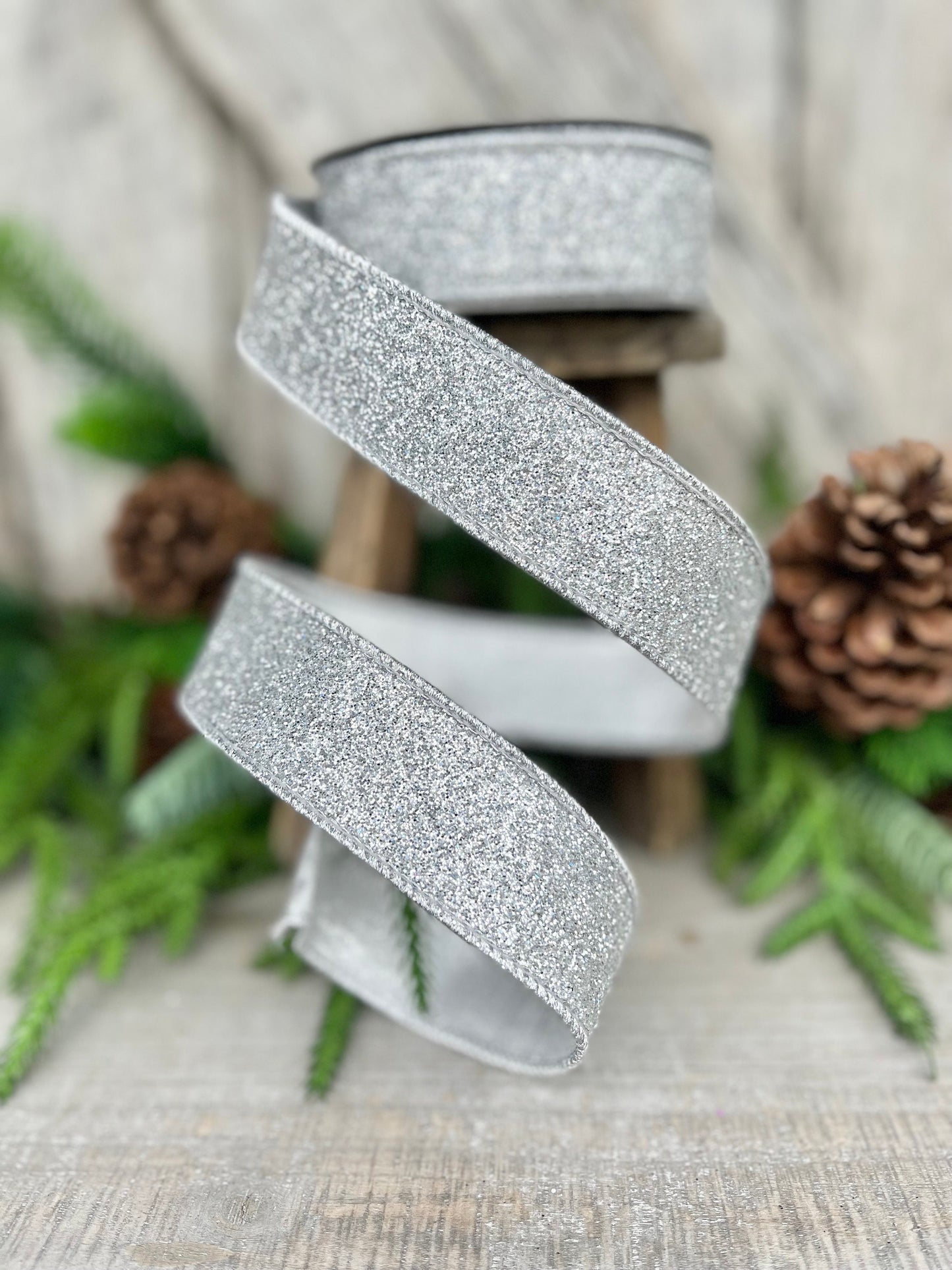 1.5" Silver Glitter Flash Wired RIbbon, Farrisilk Ribbon