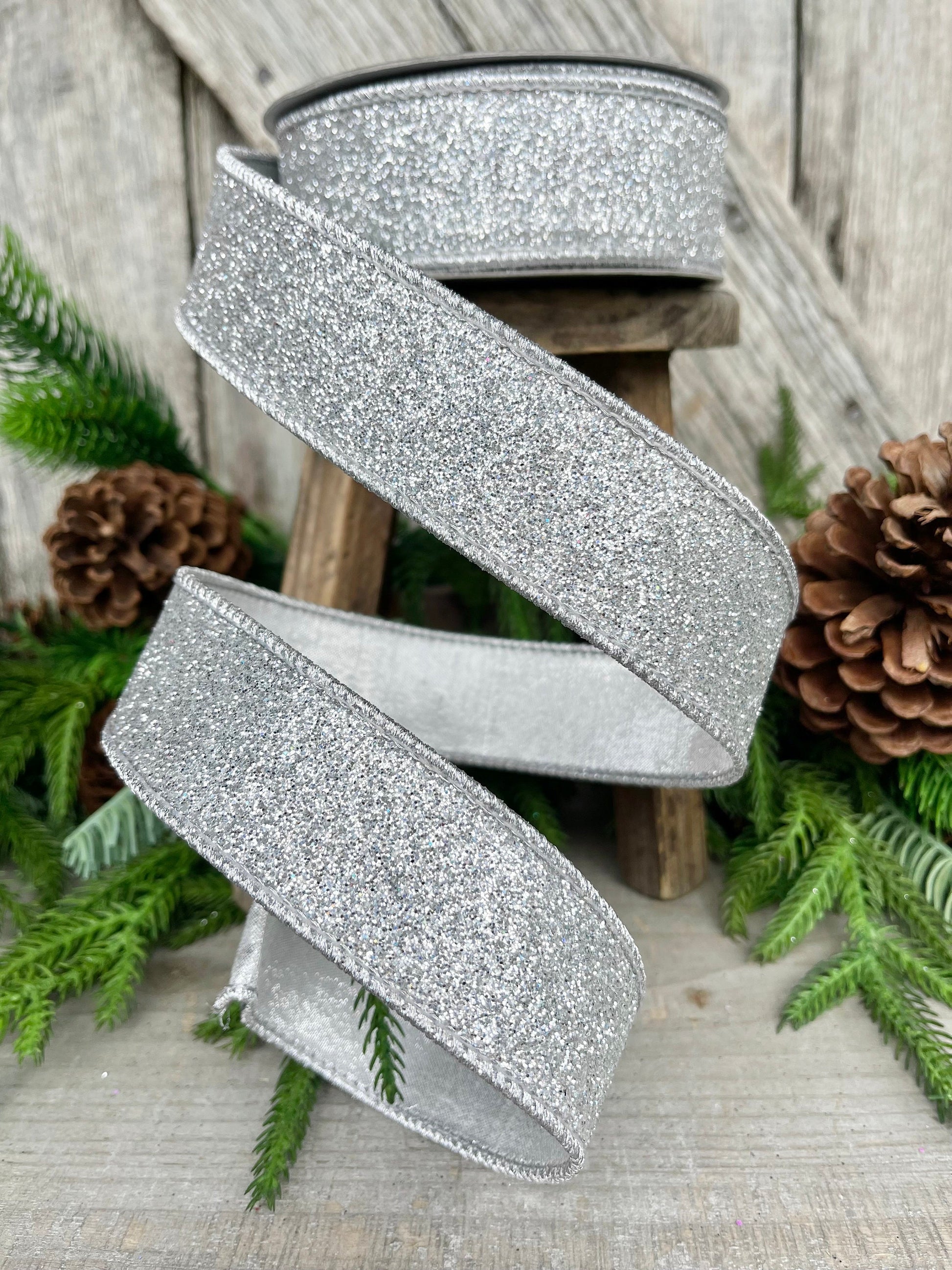 1.5" Silver Glitter Flash Wired RIbbon, Farrisilk Ribbon