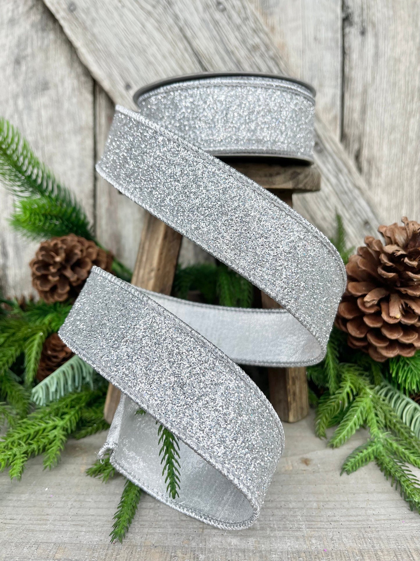 1.5" Silver Glitter Flash Wired RIbbon, Farrisilk Ribbon