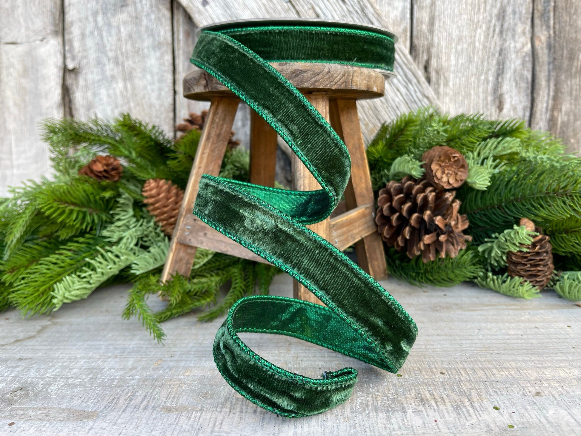 1" Dark Pine Green Velvet, Christmas Tree Ribbon, Farrisilk Velvet