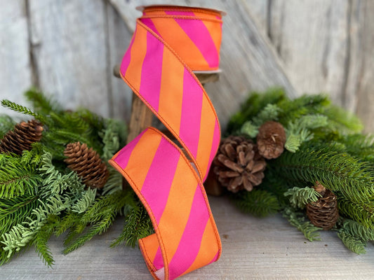 2.5" Orange & Pink Diagonal Stripe Ribbon, Christmas Ribbon