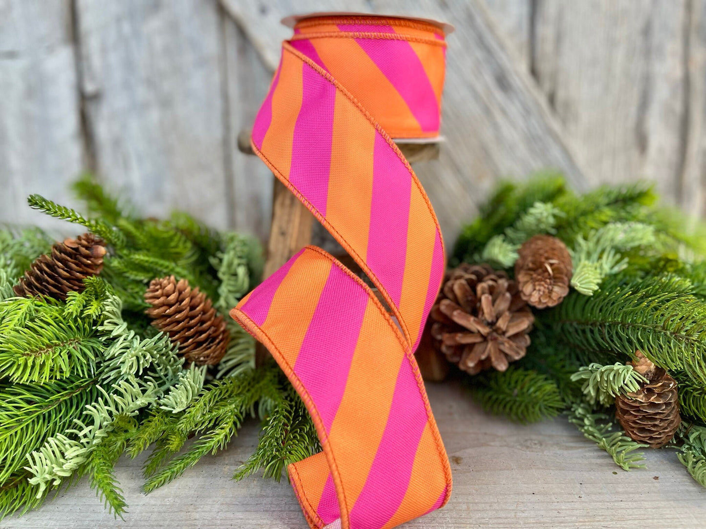 2.5" Orange & Pink Diagonal Stripe Ribbon, Christmas Ribbon