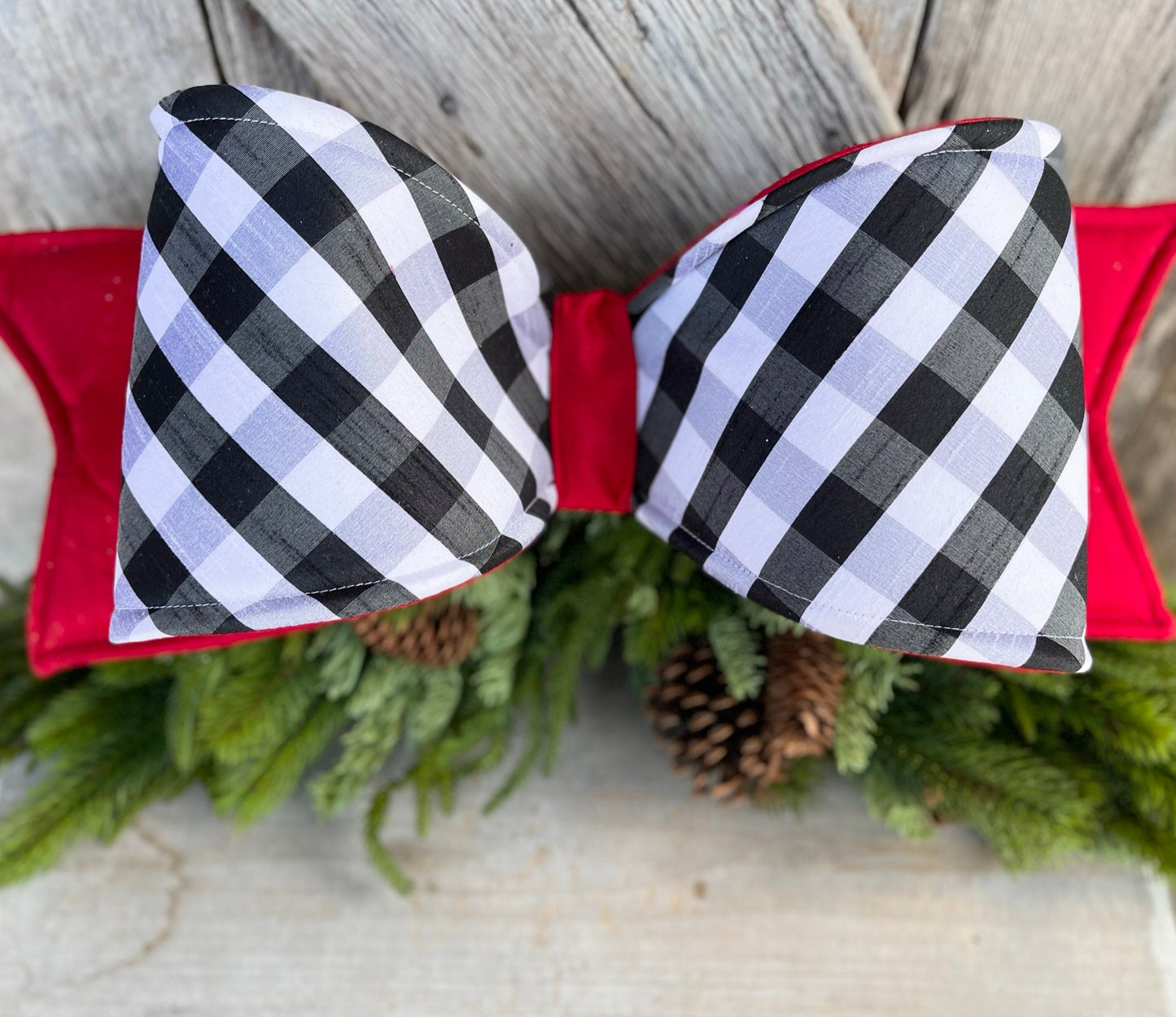 22" Oversized White & Black Checkered Velvet Bow, Farrisilk Bow,Tree Bow, Christmas Wreath Bow