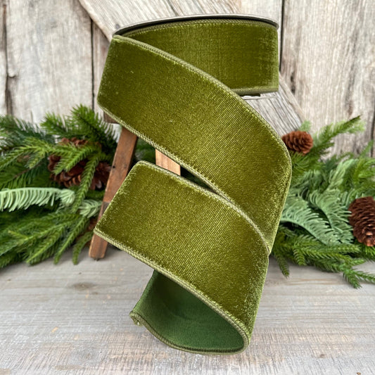 2.5" Forest Green Velvet Ribbon, Farrisilk Ribbon, Wired Ribbon