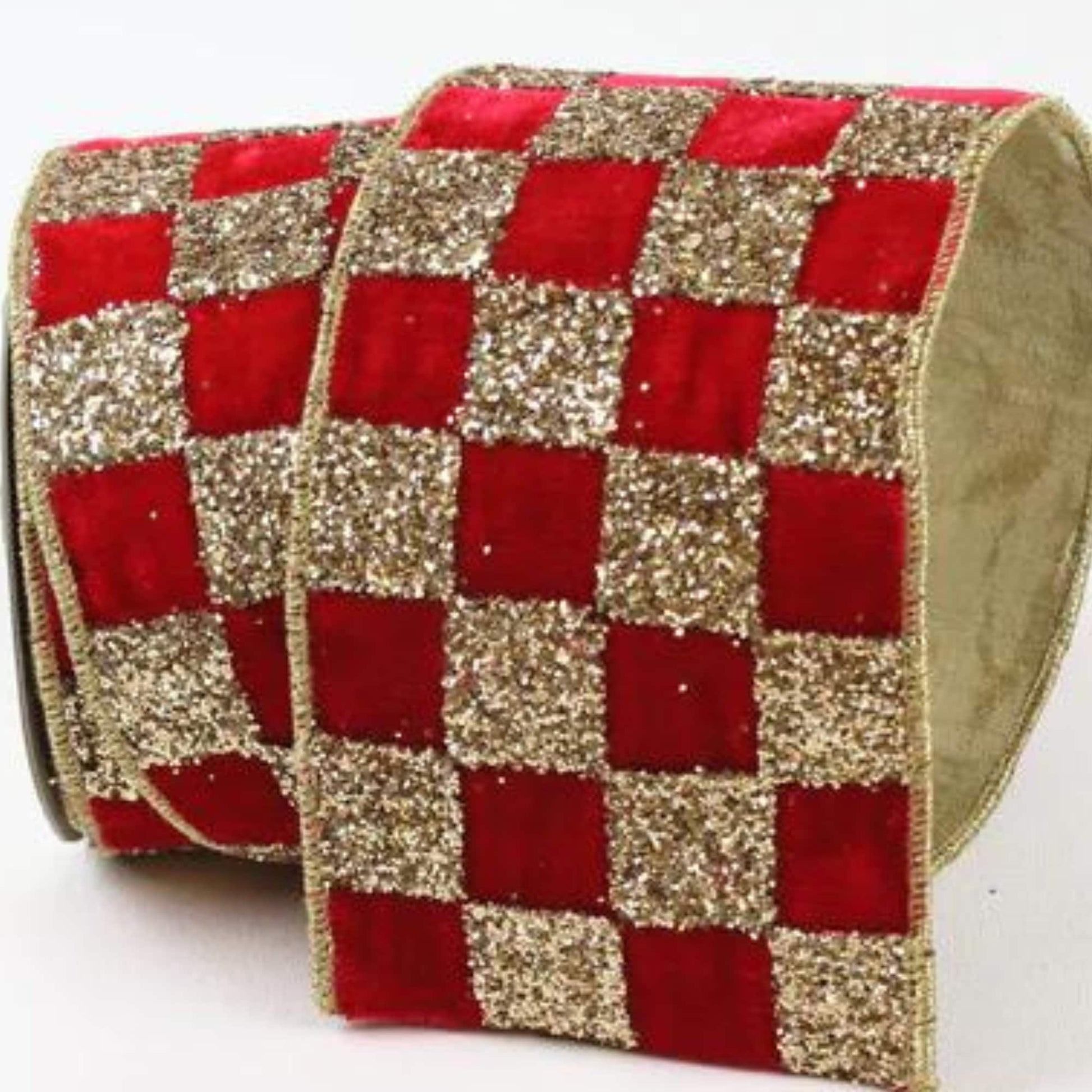 4" Red Gold Ribbon Glitter Checks, Christmas Tree Ribbon, Red Velvet Ribbon