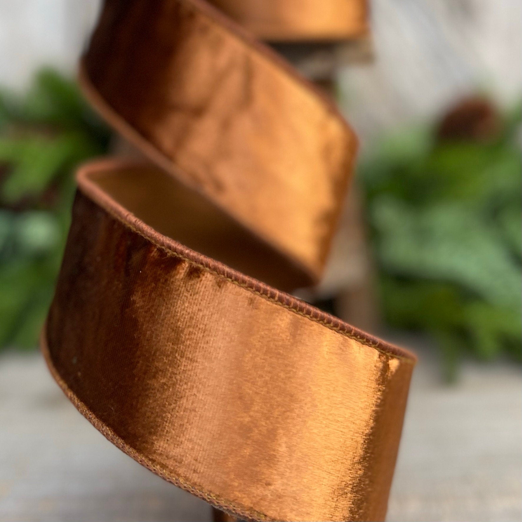 2.5” Bronze Wired Velvet Ribbon, Wired ribbon, Woodsy ribbon