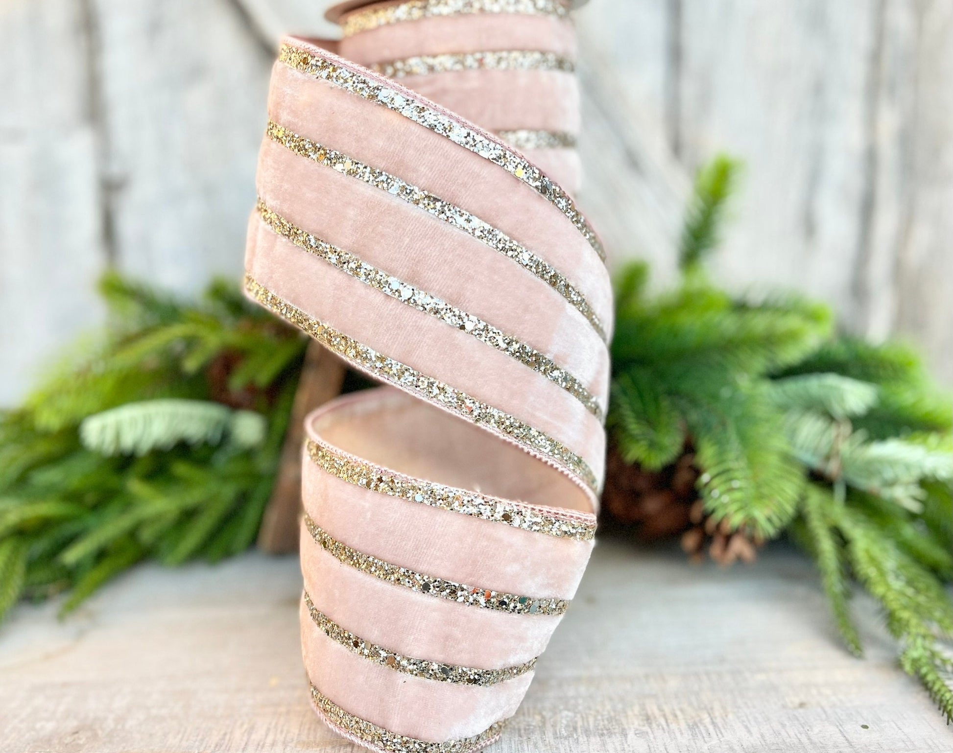 4" Rose Pink Ribbon Glitter Stripe, Farrisilk Ribbon, Christmas Tree Ribbon