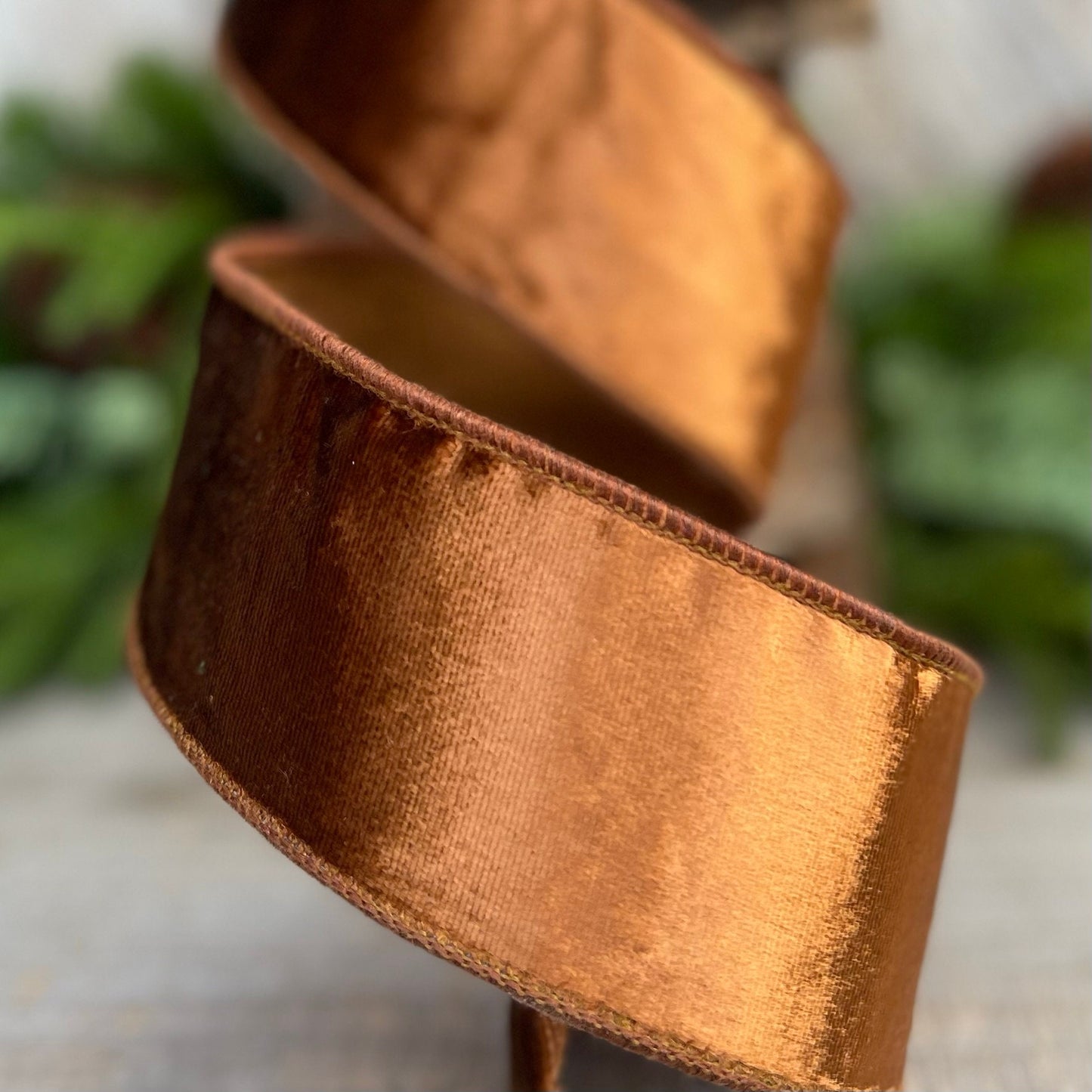 2.5” Bronze Wired Velvet Ribbon, Wired ribbon, Woodsy ribbon