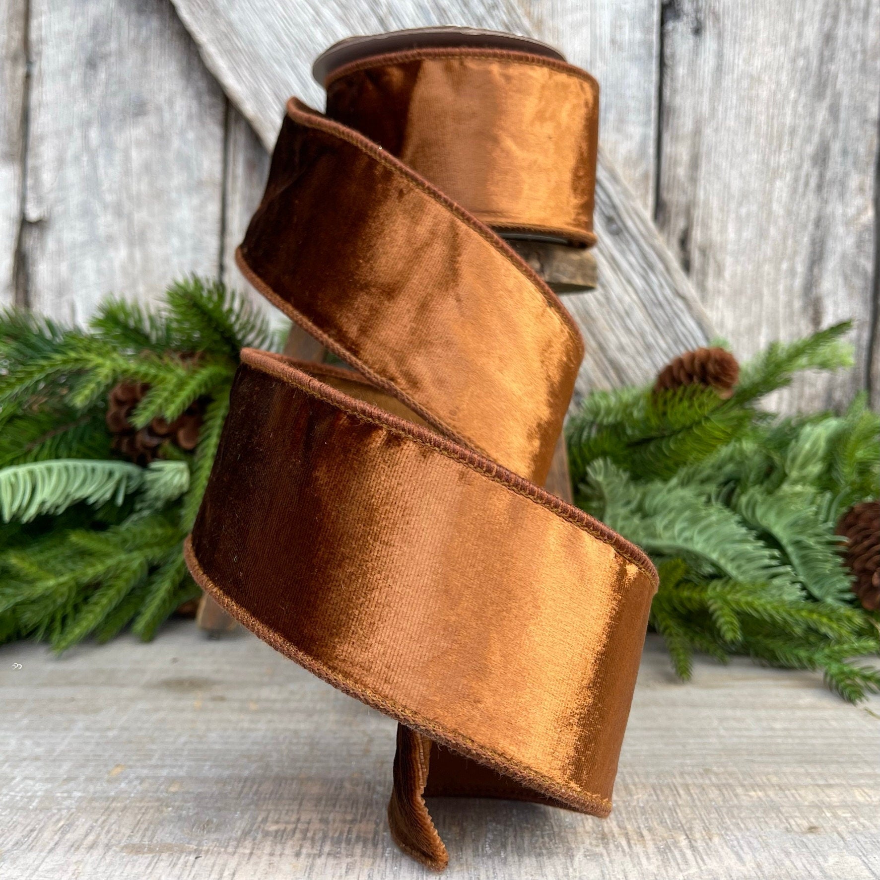 2.5” Bronze Wired Velvet Ribbon, Wired ribbon, Woodsy ribbon