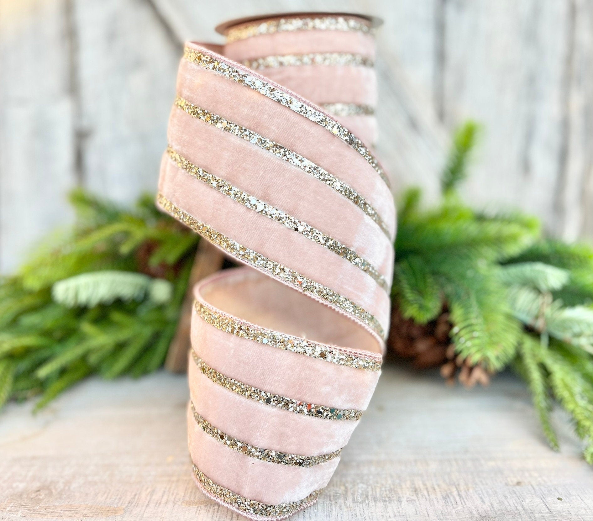 4" Rose Pink Ribbon Glitter Stripe, Farrisilk Ribbon, Christmas Tree Ribbon