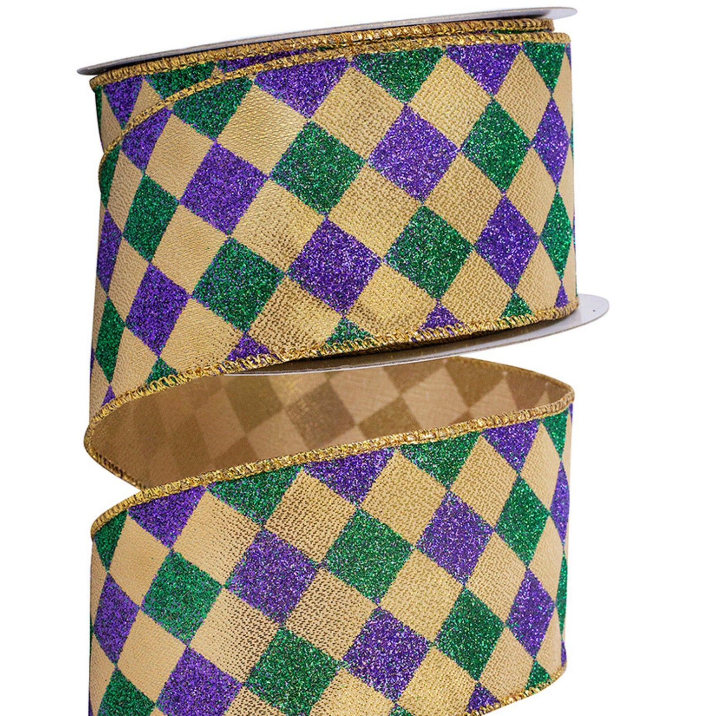 2.5" Mardi Gras Harlequin Ribbon, Mardi Gras Diamond Ribbon, Gold Purple Harlequin Ribbon