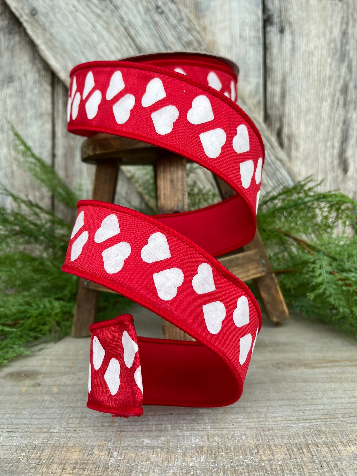 1.5" Hearts Ribbon, Farrisilk Ribbon, Red and White Heart Ribbon