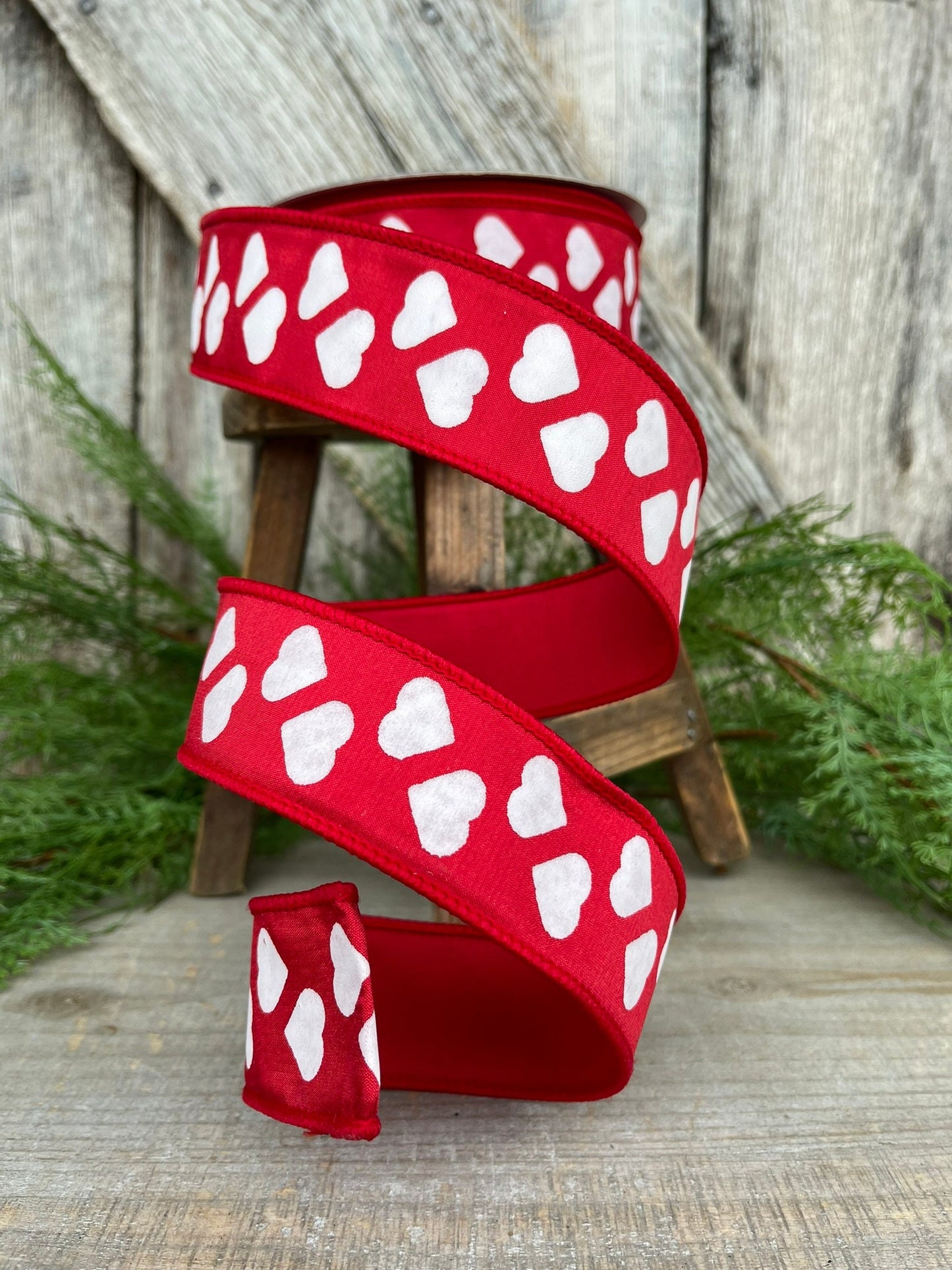 1.5" Hearts Ribbon, Farrisilk Ribbon, Red and White Heart Ribbon