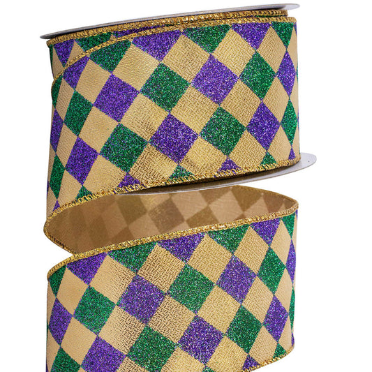 2.5" Mardi Gras Harlequin Ribbon, Mardi Gras Diamond Ribbon