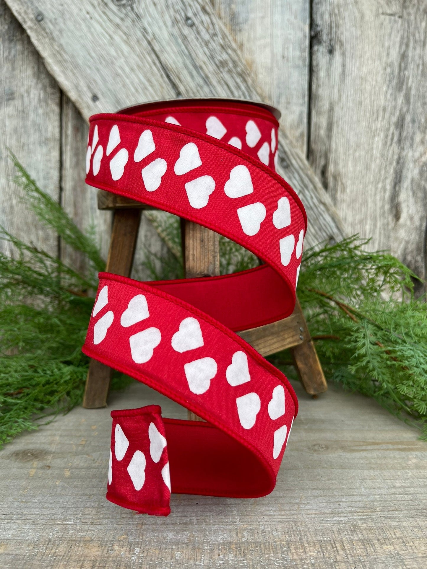 1.5" Hearts Ribbon, Farrisilk Ribbon, Red and White Heart Ribbon