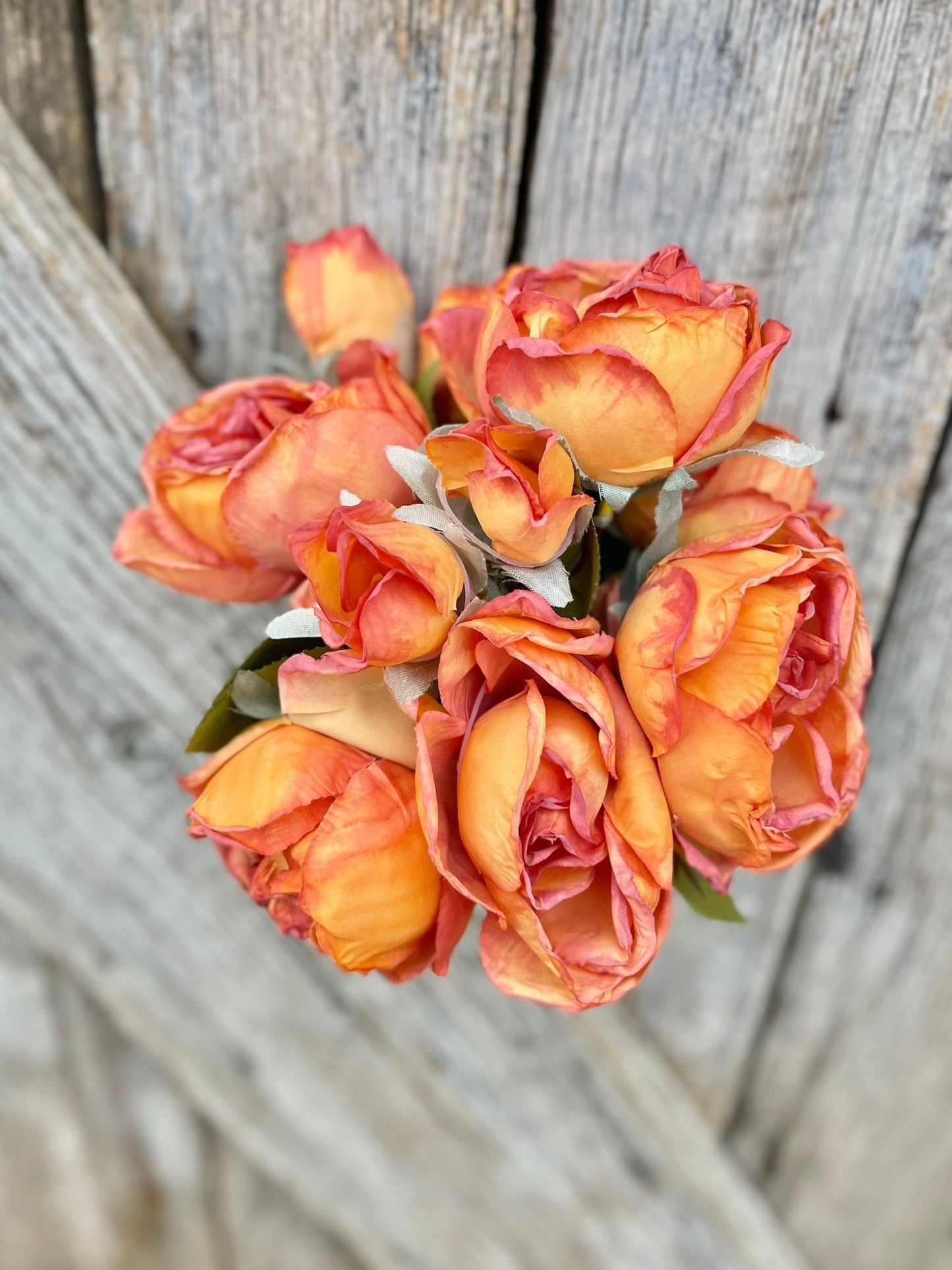 18" Orange Dried Look Rose Bouquet, Artificial Flower Arrangement, Floral Decor