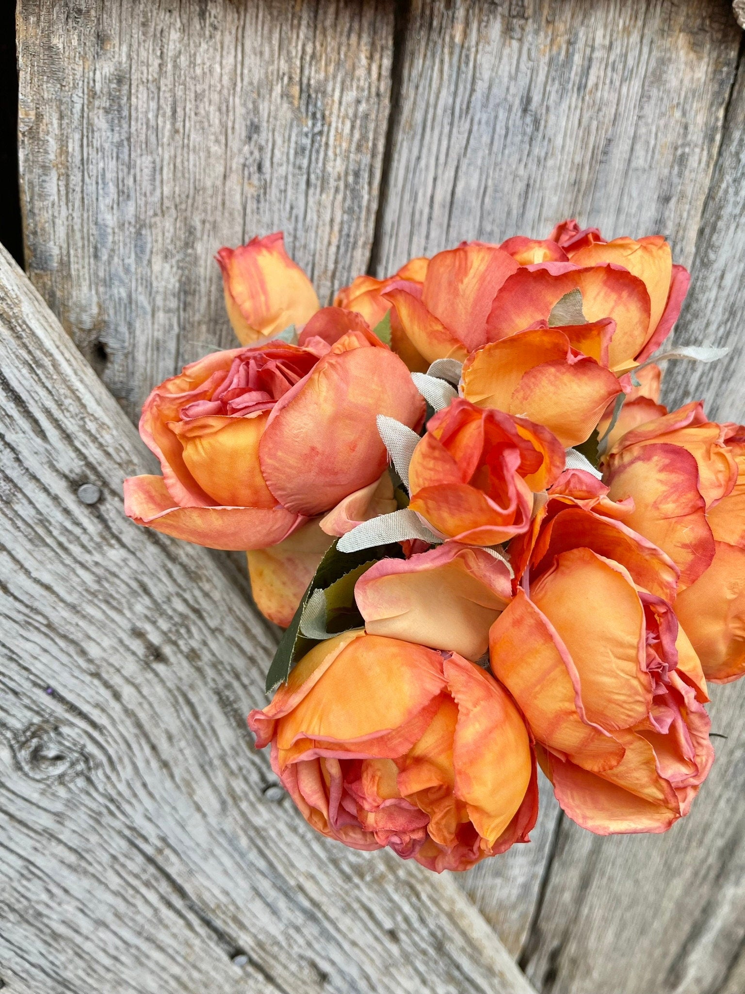 18" Orange Dried Look Rose Bouquet, Artificial Flower Arrangement, Floral Decor