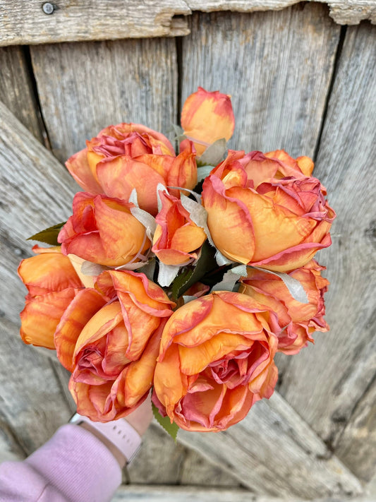 18" Orange Dried Look Rose Bouquet, Artificial Flower Arrangement