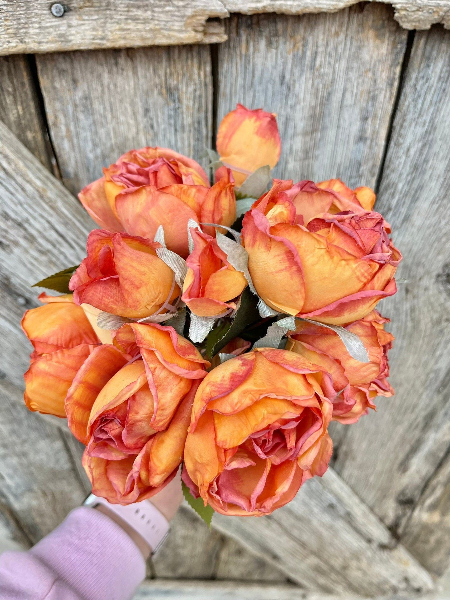 18" Orange Dried Look Rose Bouquet, Artificial Flower Arrangement, Floral Decor