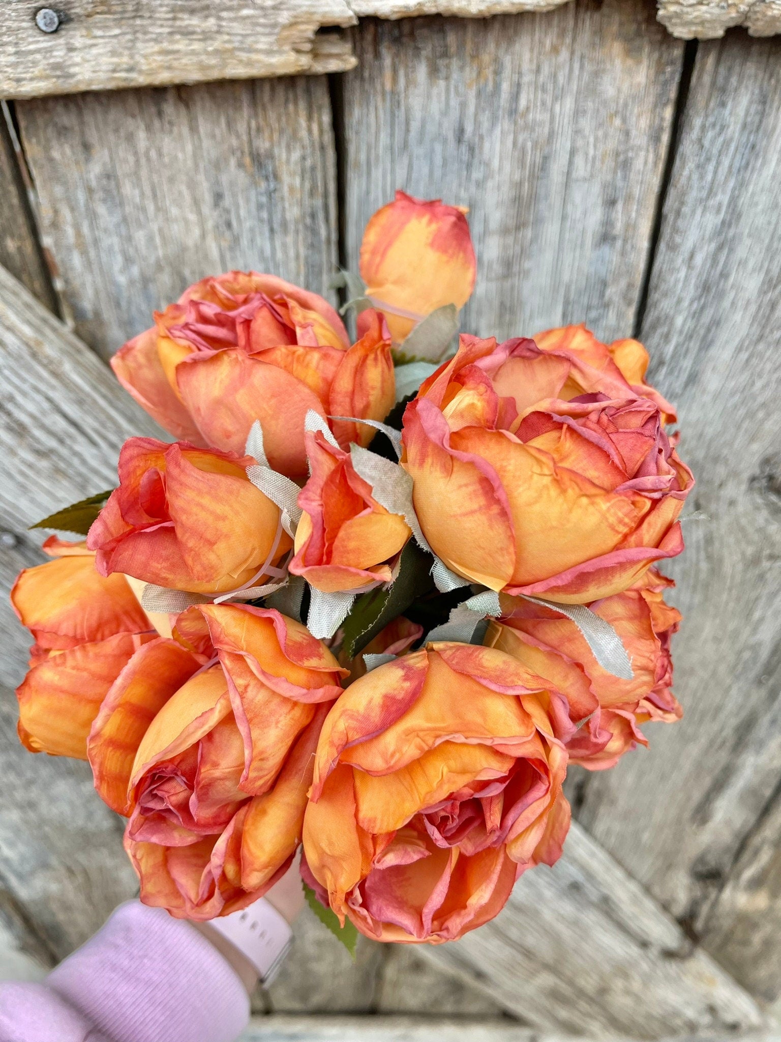 18" Orange Dried Look Rose Bouquet, Artificial Flower Arrangement, Floral Decor