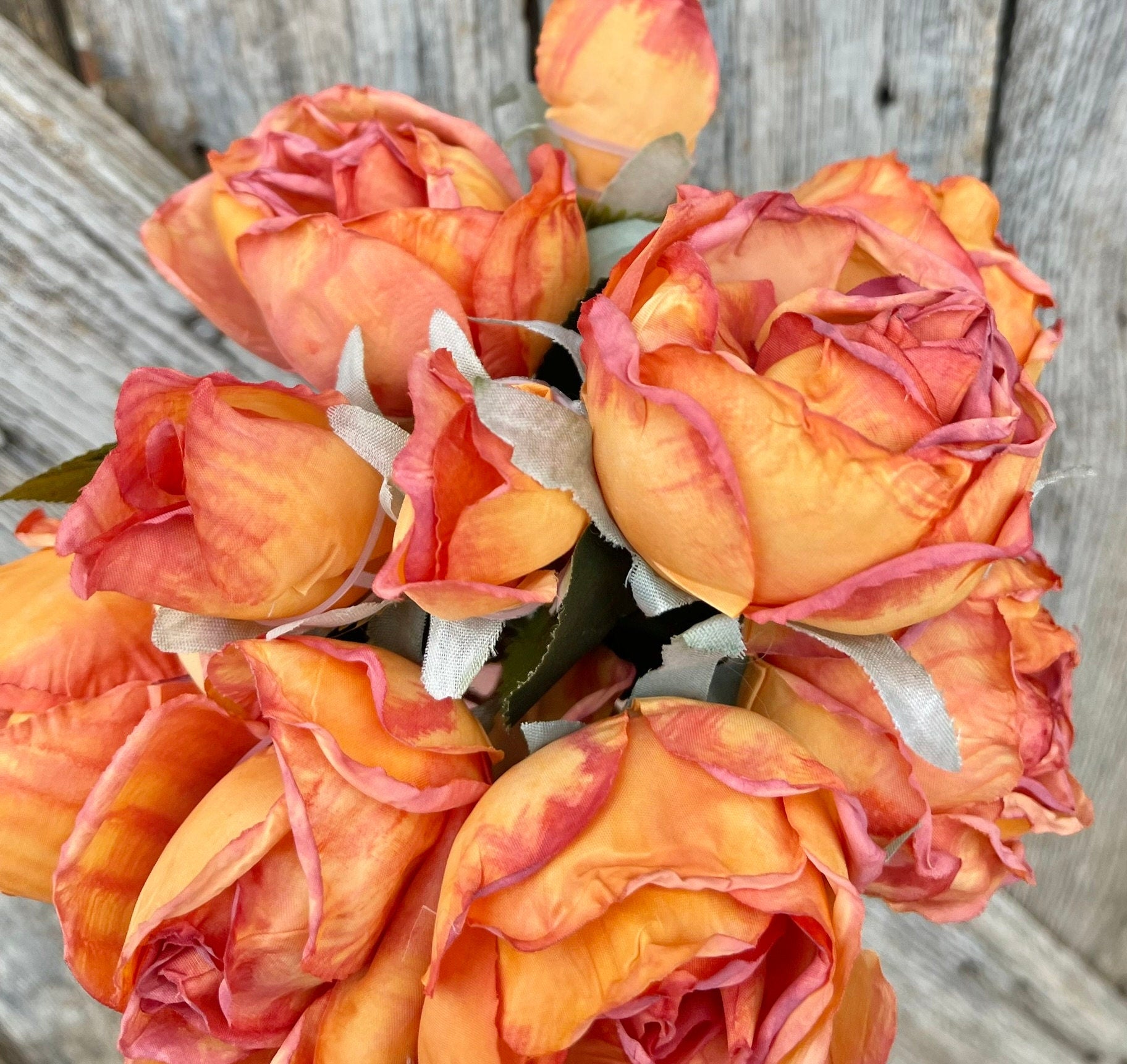 18" Orange Dried Look Rose Bouquet, Artificial Flower Arrangement, Floral Decor