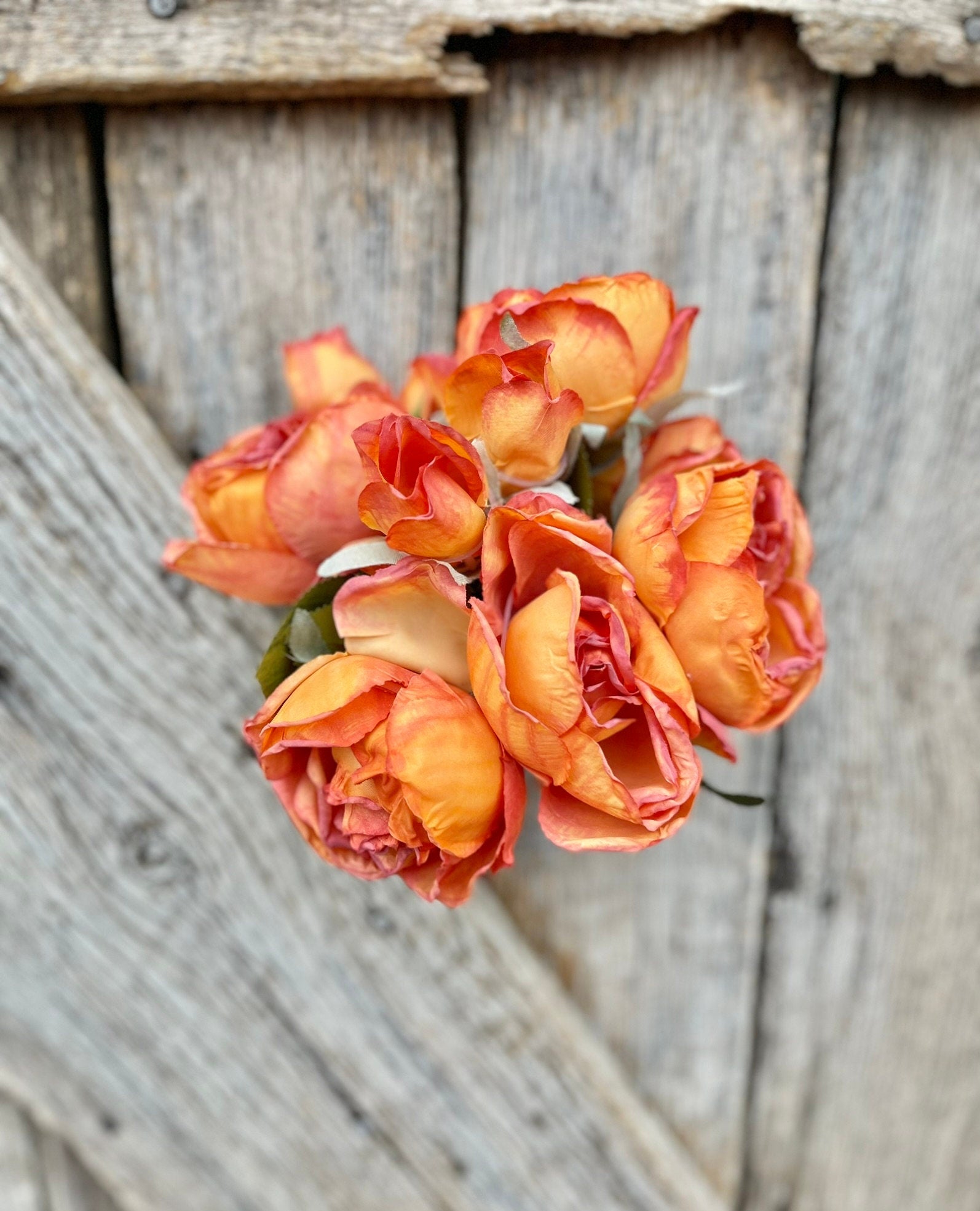 18" Orange Dried Look Rose Bouquet, Artificial Flower Arrangement, Floral Decor