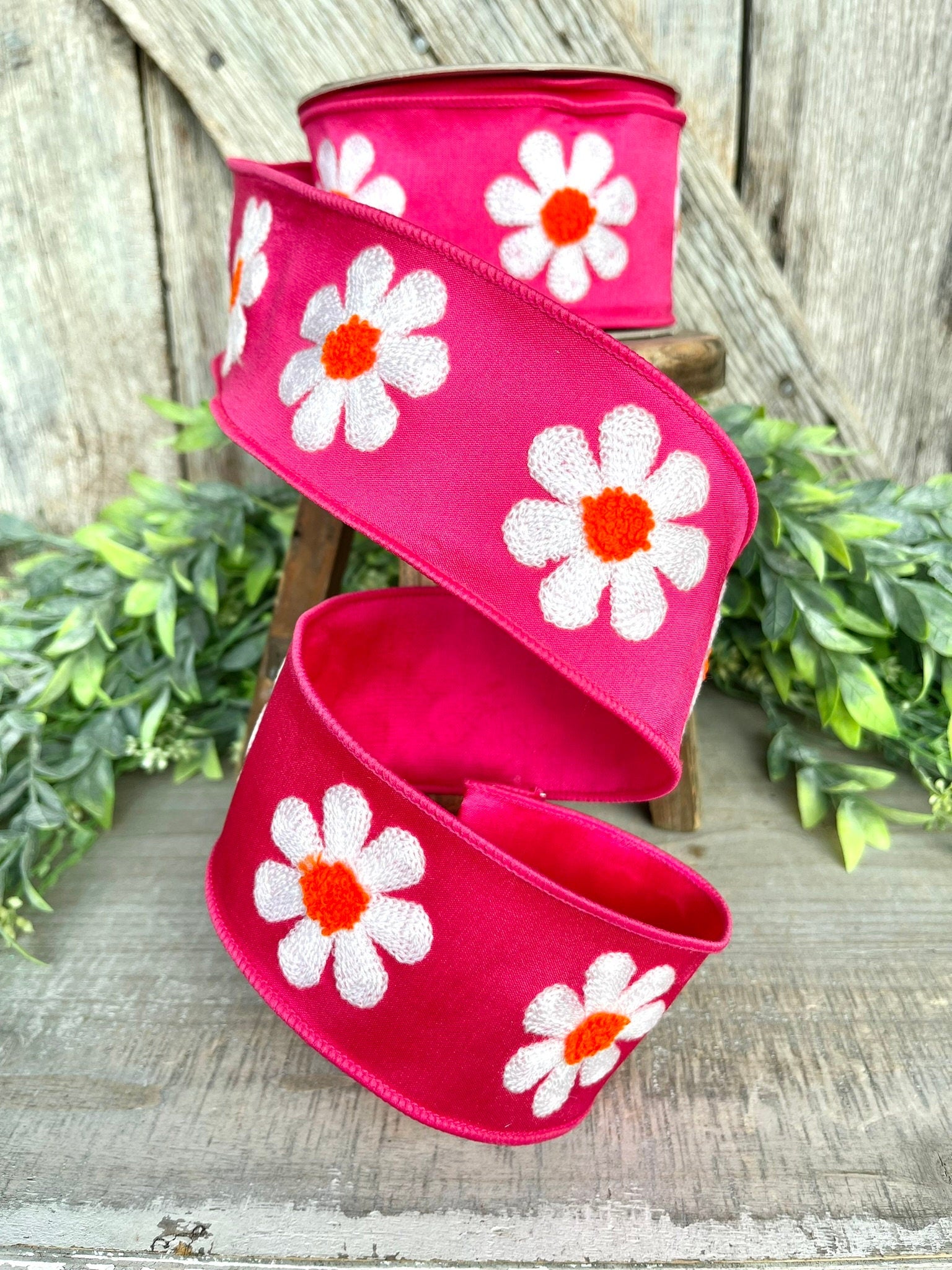 2.5" Hot Pink Daisy Ribbon, Farrisilk Ribbon, Spring Ribbon