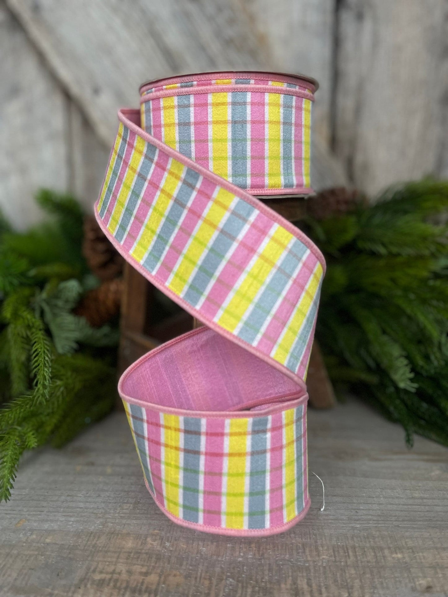 2.5" Pink Yellow Pastel Checks, Farrisilk Ribbon, Spring Ribbon