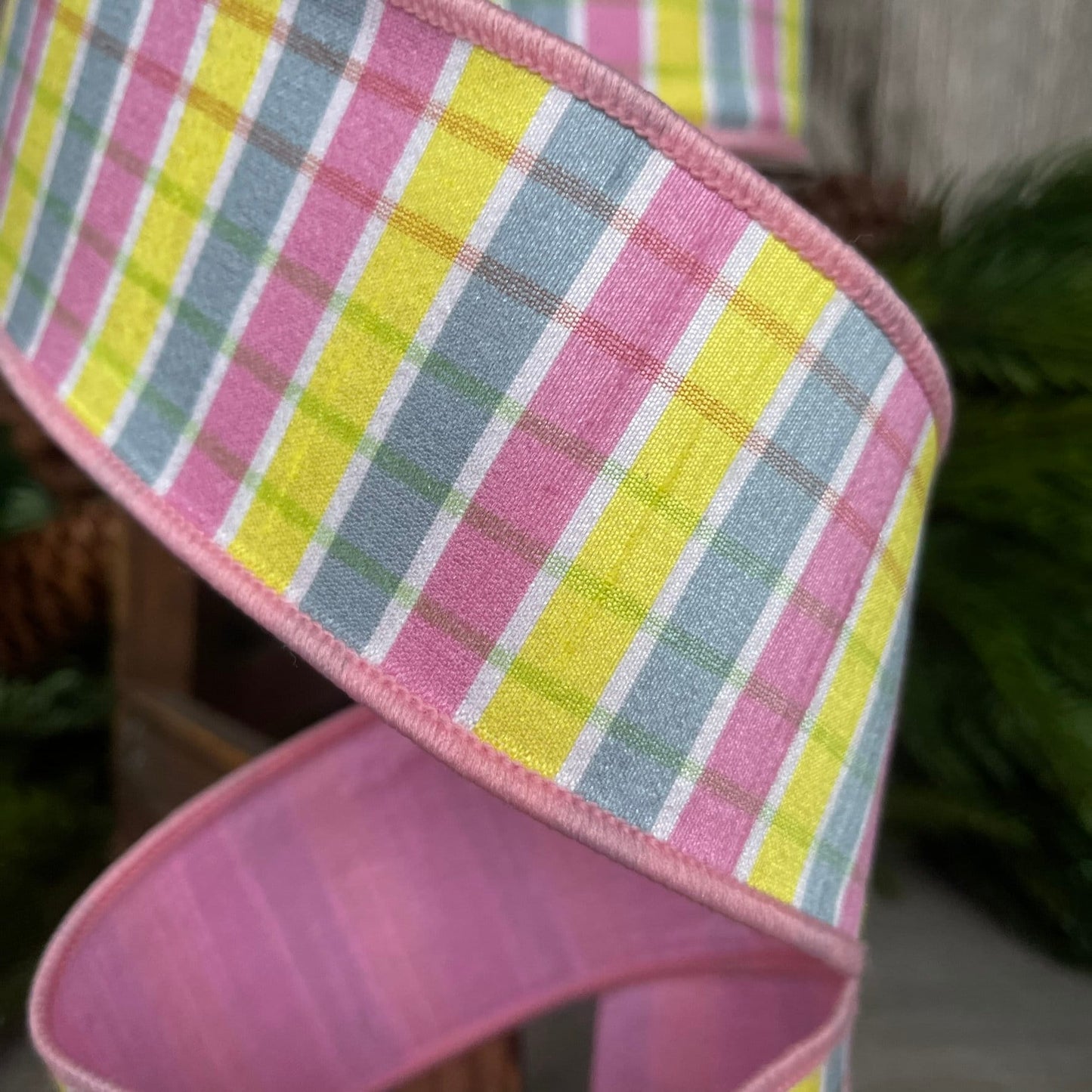 2.5" Pink Yellow Pastel Checks, Farrisilk Ribbon, Spring Ribbon