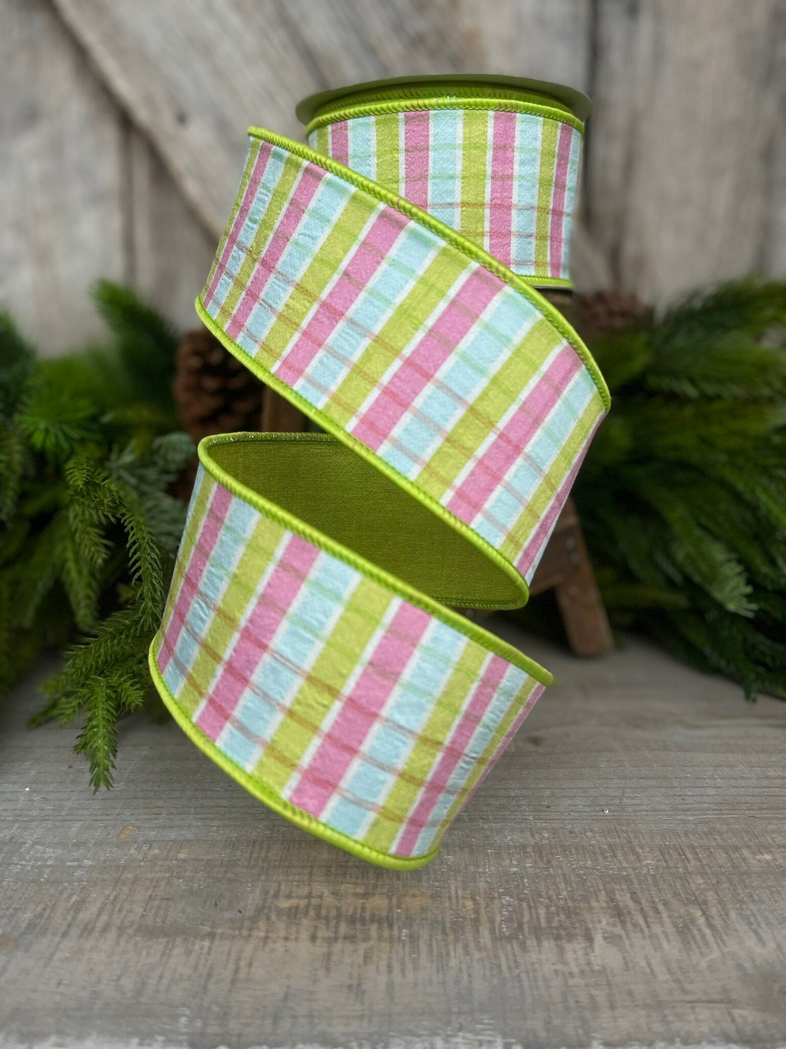 2.5" Pink Lime Green Pastel Plaid, Farrisilk Ribbon, Spring Ribbon