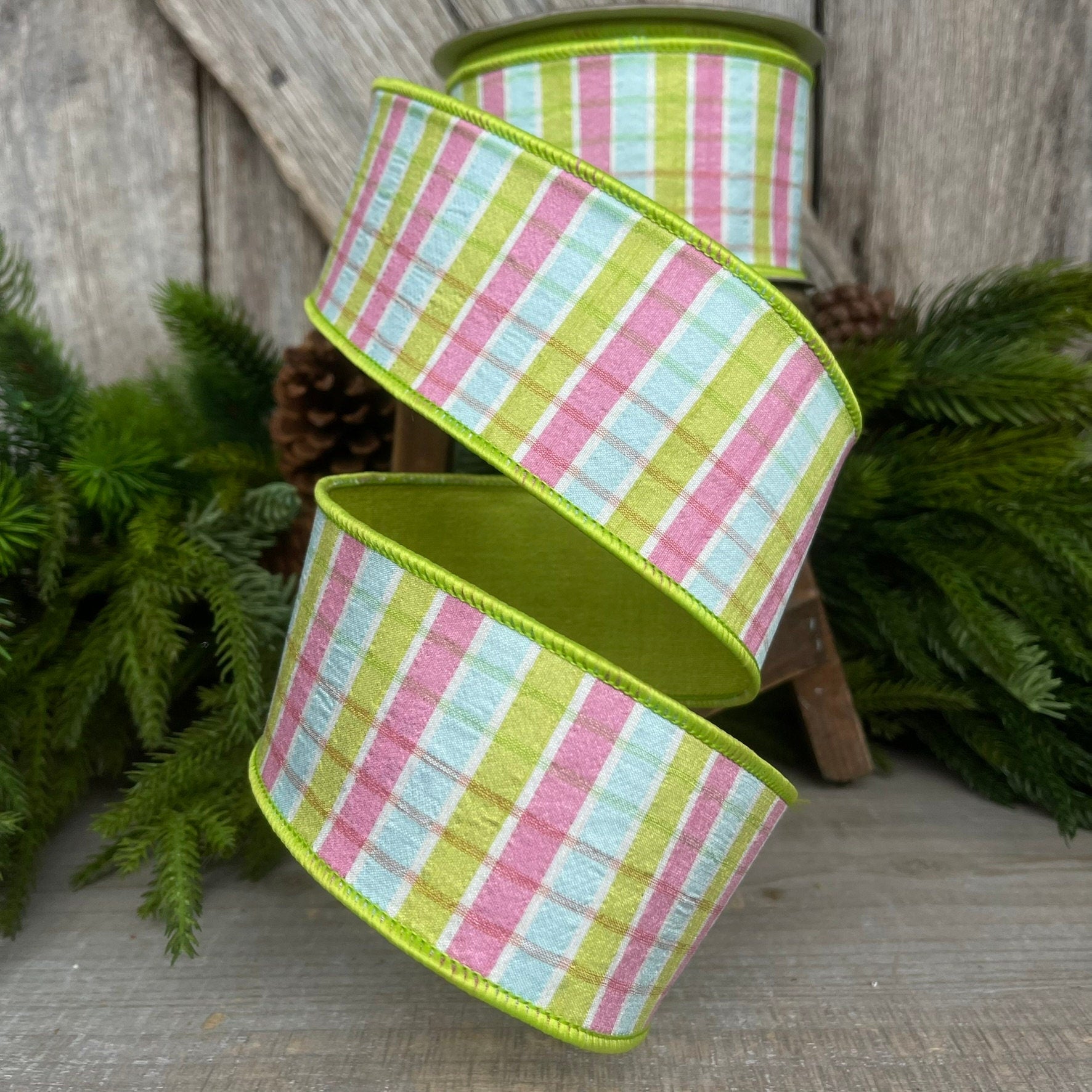 2.5" Pink Lime Green Pastel Plaid, Farrisilk Ribbon, Spring Ribbon