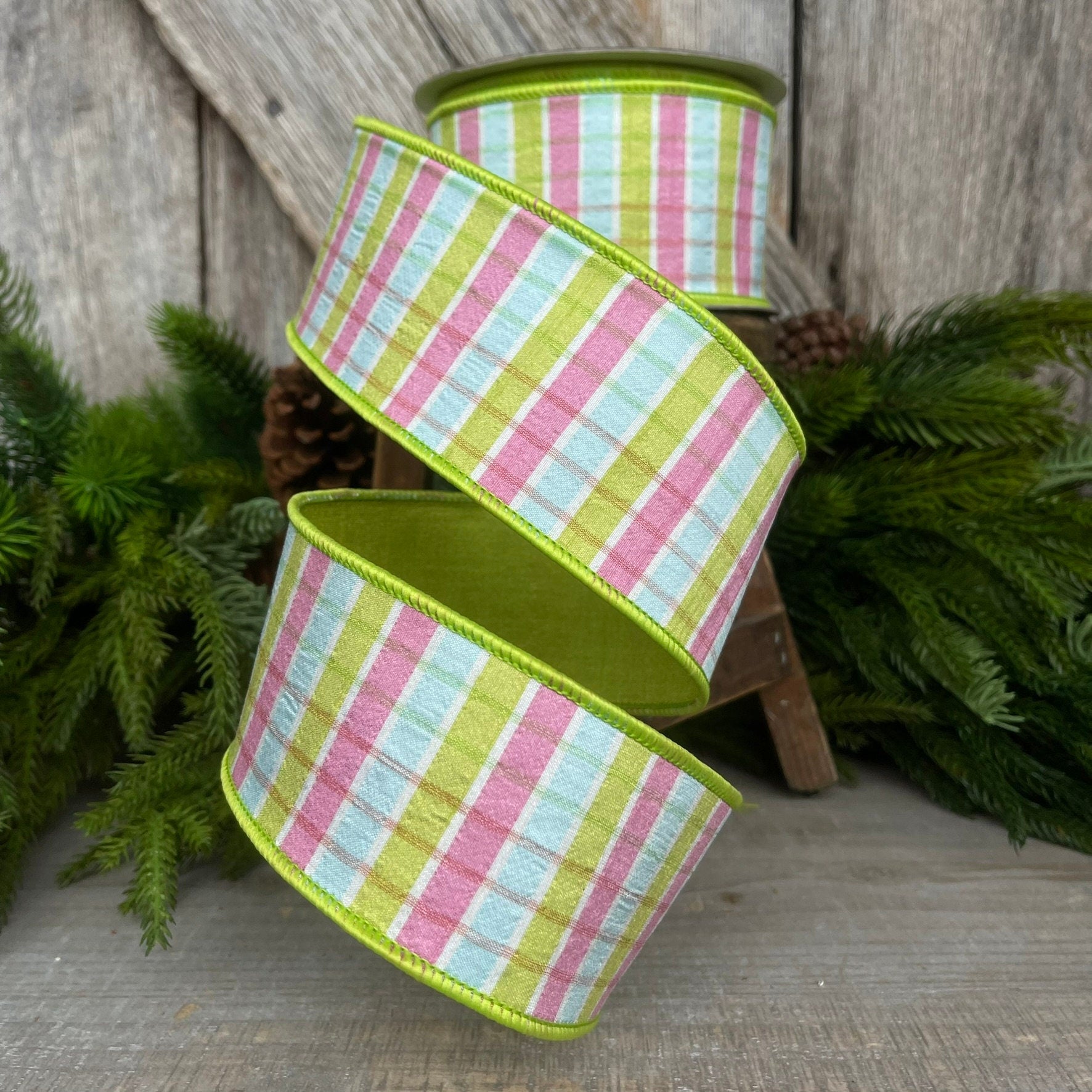 2.5" Pink Lime Green Pastel Plaid, Farrisilk Ribbon, Spring Ribbon