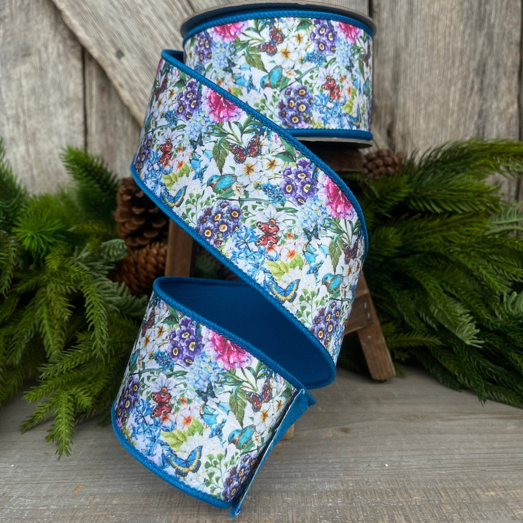 2.5" Blue Floral Garden Ribbon, Farrisilk Ribbon, Spring Ribbon